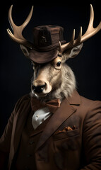 portrait of elk dressed in Victorian era clothes, confident vintage fashion portrait of an anthropomorphic animal, posing with a charismatic human attitude