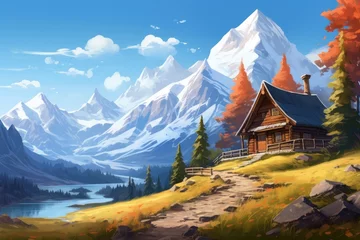 Foto auf Glas Wooden house on the background of mountains and lake. Digital painting, Create a picturesque mountain scene with a log home on the side of a rugged mountain with snow-capped peaks, AI Generated © Ifti Digital