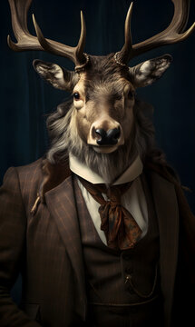 portrait of elk dressed in Victorian era clothes, confident vintage fashion portrait of an anthropomorphic animal, posing with a charismatic human attitude