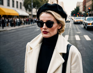photo of middle aged woman with white turtleneck and coat and beret standing in front of busy crowd crosswalk street , generative AI