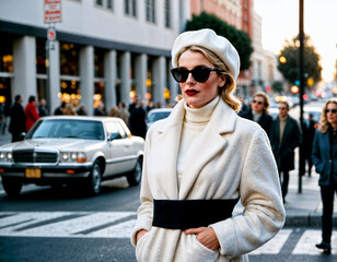 Obraz premium photo of middle aged woman with white turtleneck and coat and beret standing in front of busy crowd crosswalk street , generative AI