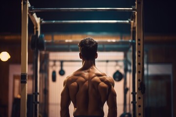 Fototapeta na wymiar Back view of young muscular man standing at the crossfit gym, A man training at the gym fitness club at rings, back view, AI Generated