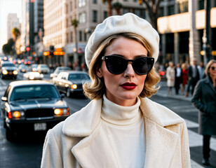 photo of middle aged woman with white turtleneck and coat and beret standing in front of busy crowd crosswalk street , generative AI