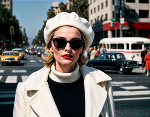 photo of middle aged woman with white turtleneck and coat and beret standing in front of busy crowd crosswalk street , generative AI
