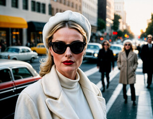 photo of middle aged woman with white turtleneck and coat and beret standing in front of busy crowd crosswalk street , generative AI