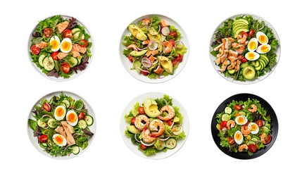 Collection of PNG. Rich plates of salad from green leaves mix and vegetables with avocado or eggs, chicken and shrimps. Top view isolated on a transparent background.