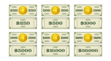 Vector set of banknotes, flyers, coupons or vouchers in denominations of 250, 500, 1000, 5000, 10000 and 50000 dollars, with a gold coin in the center. Obverse and reverse of play money. Part 2 - obrazy, fototapety, plakaty