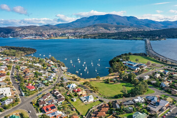 Aerial view of the Derwent River, Mt Wellington and the city of Hobart, Tasmania, Australia