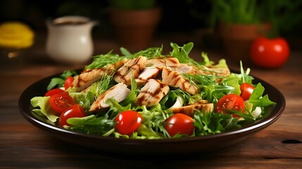 fresh salad with chicken tamato and mixed greens on a wooden background.