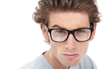 Nerd, portrait or glasses for questions, confused or doubt face expression by white background on studio space. Closeup, man or curious for vision, optometry or fashion frame choice for eyes solution
