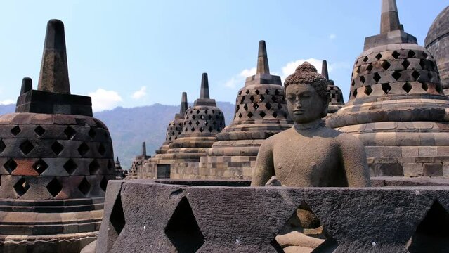 Ancient Buddhist temple Borobudur, built in the 9th century as a huge mandala-shaped stupa in Yogyakarta, Indonesia