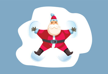 Cheerful Celebrating Santa Claus Making a Snow Angel Vector Cartoon. Funny Santa playing in fresh snow celebrating Christmas 
