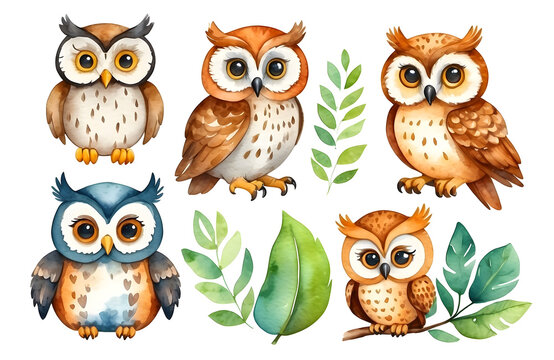 set of watercolor cute safari owl isolated on transparent background