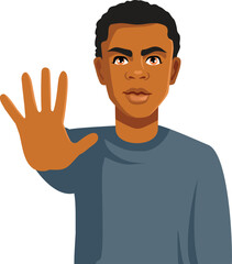 Man of African Ethnicity Making Stop Gesture Vector Illustration. Sad unhappy guy feeling uncomfortable fighting discrimination.
