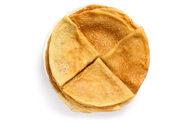 Pancakes on a plate. Top view. Homemade pancakes on a white background.