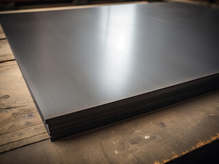 A stack of black oxide metal sheets with a smooth and reflective finish, ideal for industrial use. - obrazy, fototapety, plakaty