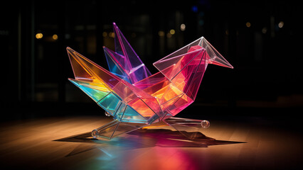 Image of a beautiful stain glass sculpture with polygonal glow in the indoor space of the museum