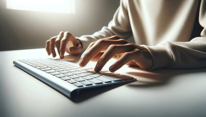Close-up of Hands Typing on a Keyboard in a Modern Office Setting - obrazy, fototapety, plakaty