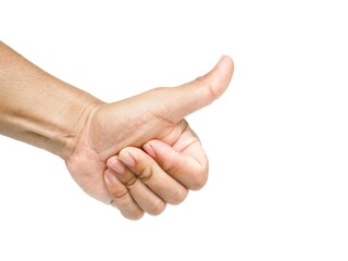 Male hand showing thumbs up on white background, business concept.