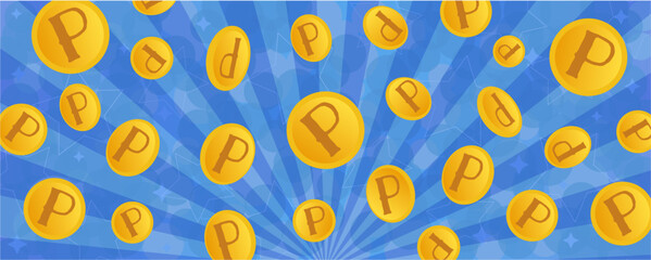 キラキラした金色のポイントコインが飛んでいる青いベクター背景画像
