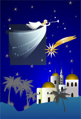 
  composition with an angel flying over Bethlehem,