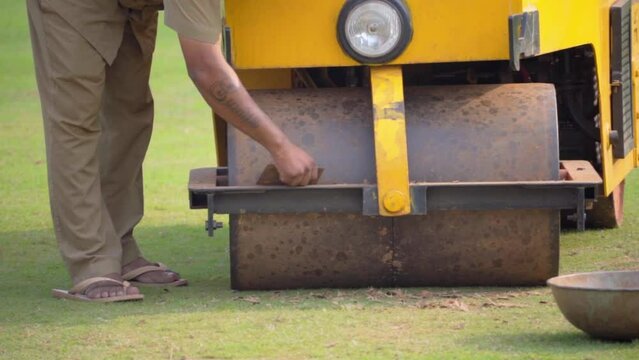 Two Ton Outfield Roller cleaning in wakhede stadium in mumbai closeup view