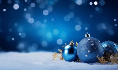 Fototapeta na wymiar Blue Christmas; Festive background with Christmas decoration on snow, AI generator