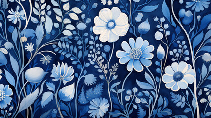 Illustration of blue floral pattern in oil painting - obrazy, fototapety, plakaty