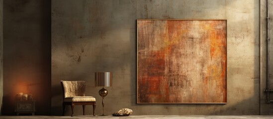 In the corner of the room, an abstract painting hung on the textured wall, its vintage design adorned with layers of paint, reminiscent of an old letter on aged parchment, evoking a sense of ancient