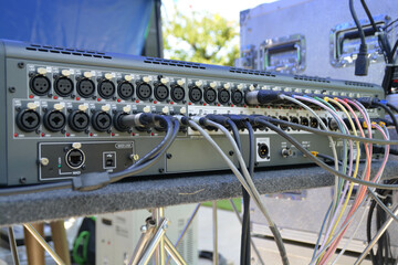 Mixing console electronic device, sound mixer, close up.