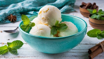 A Touch of Mint: Vanilla Ice Cream Delight in a Rustic Setting