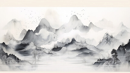 Abstract line ink landscape decoration painting bnw
