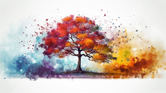 Abstract colorful tree and landscape tree in watercolor