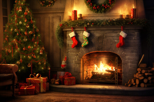 christmas tree with candles and gifts,christmas tree with fireplace
