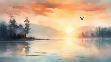 Digital watercolor painting of beautiful sunset on lake panorama - obrazy, fototapety, plakaty