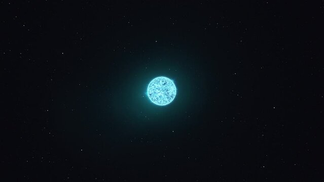 3D animation of the hot surface of a blue star orbiting in outer space with a backdrop of stars. Dynamic camera orbit.