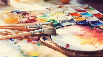 Fototapeta premium Set of watercolor paints and paintbrush for painting