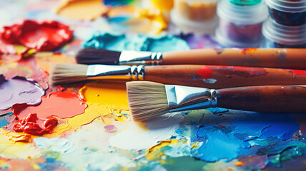 Fototapeta premium Set of watercolor paints and beautiful paintbrush for painting