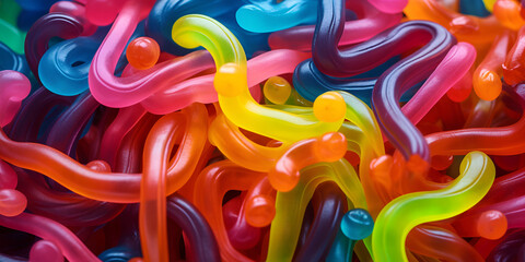 close up of colorful jelly beans,Sweet Gummy Worms Candy Photorealistic Horizontal Background