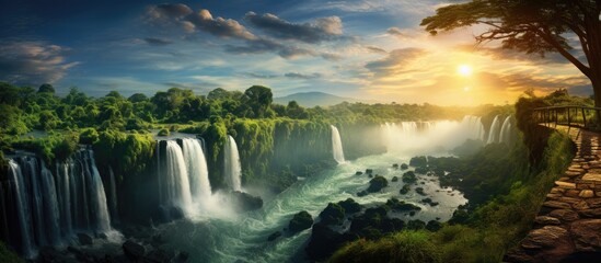 In the heart of Africa, a traveler embarked on a journey to a beautiful tropical park, where the lush green landscape was adorned with the splendor of waterfalls, creating a natural and magical - obrazy, fototapety, plakaty