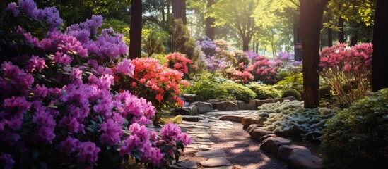 Fototapeta premium In the colorful garden, a variety of flowers bloomed, each displaying its vibrant hues, from the delicate violet shrub to the lush, sprawling landscape, showcasing the wonders of nature's captivating