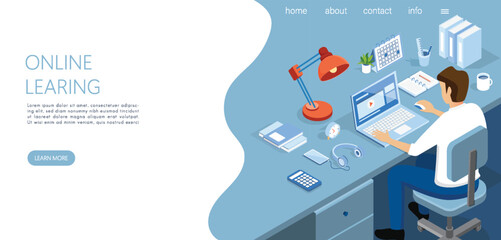 Online learning isometric landing page template. E-learning concept. - obrazy, fototapety, plakaty
