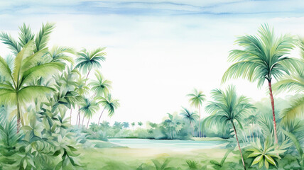 Fototapeta na wymiar Seamless tropical border with green palm leaves vocation