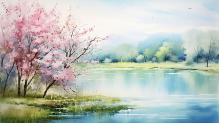 Spring watercolor landscape Flowering trees over land