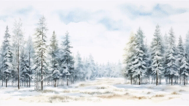 Landscape of cloudy winter forest taiga Hand drawn