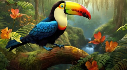 Fototapeta premium Beautiful colorful toucan bird on a branch in a rainforest. Generative AI