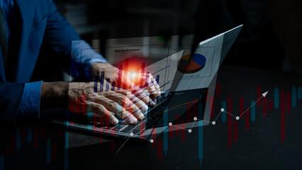 Businessman working with laptop, business analysis, stocks, project success, financial charts and...