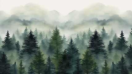 Seamless pattern of watercolor spruce forest - obrazy, fototapety, plakaty