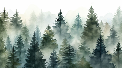 Seamless pattern of watercolor spruce forest pine - obrazy, fototapety, plakaty