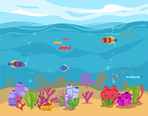 Fototapeta na wymiar Banner with ocean and undersea background design, flat vector illustration.